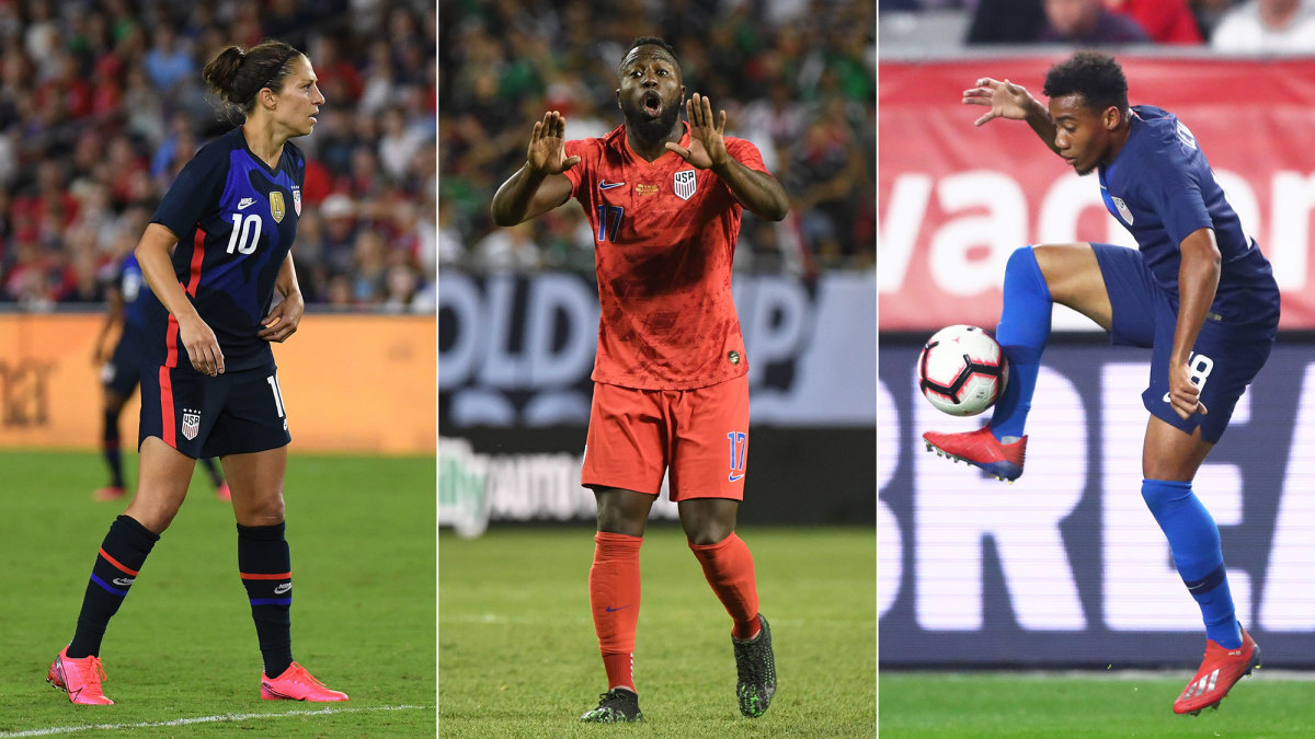 USA's Carli Lloyd, Jozy Altidore and Jonathan Lewis